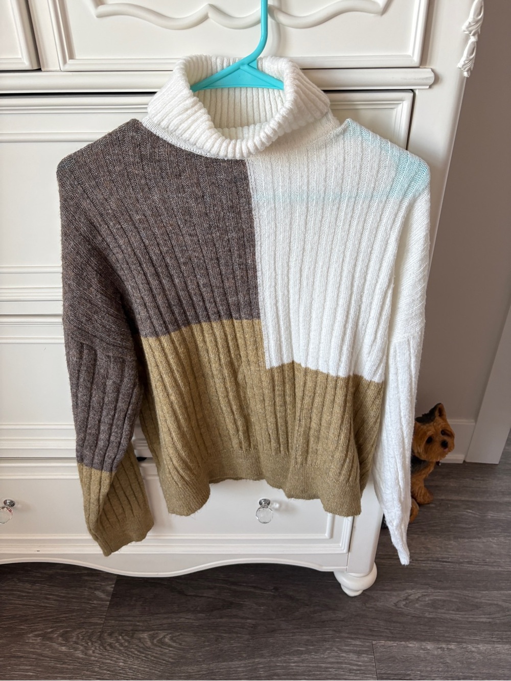 a.n.a Colorblock Ribbed Turtleneck Sweater in White, Brown, and Tan